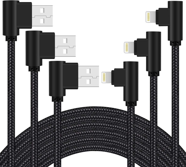 MFi Certified iPhone Charger 3 Pack - 3ft Right Angle Nylon Braided Lightning Cable for iPhone 13, 12, 11, Pro, X, XS,