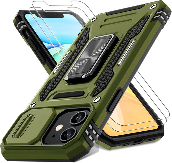 DEERLAMN Military Grade Shockproof Case for iPhone 11, with Slide Camera Cover + Screen Protector (2 Packs), Olive Green