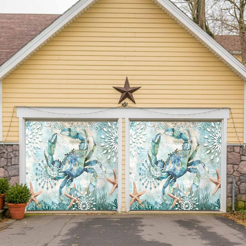 GNAKT AREWG 13x6ft Summer Garage Door Banner Cover Coastal Crabs Starfish Waterweed Garage Door Decoratons Banner