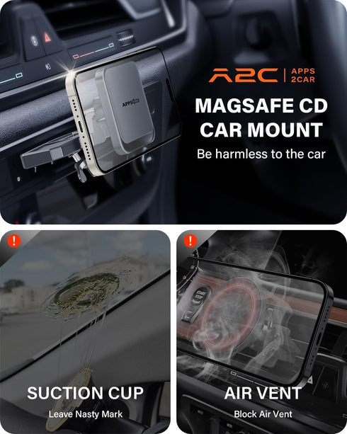APPS2Car MagSafe CD Phone Holder for Car, 25N Magnetic Attraction, 360° Handsfree Mount for iPhone 15-12