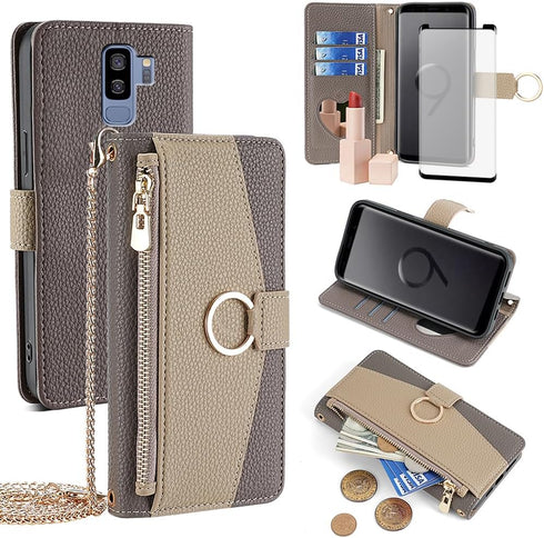 Asuwish Wallet Phone Case for Samsung Galaxy S9 Plus - Gray, with Screen Protector, Mirror Flip, Card Holder & Strap.