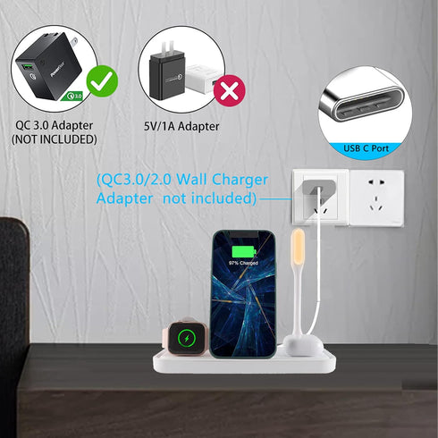 Lamp with Wireless Charger, 4 in 1 Charging Station for iPhone/Samsung/Qi Phones, AirPods, iWatch, White