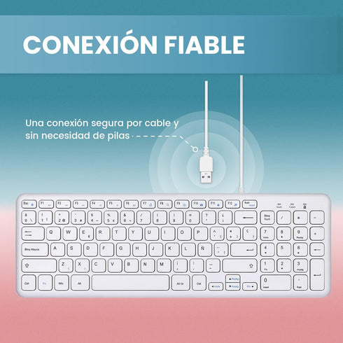 Perixx PERIBOARD-213W, Silent USB Scissor Keyboard with Cable, Compact Design with Numeric Keypad, White - Spanish Qwert