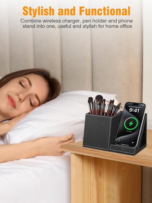 Pen Holder for Desk, Organizer with Wireless Charger, Multi-Functional Pencil Organizer for Home Office Supplies