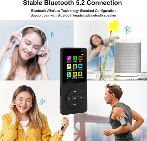imkavery 128GB MP3 5.2, Player with Bluetooth Portable Black Music Player for Kids with Built-in HD Speaker, FM Radio