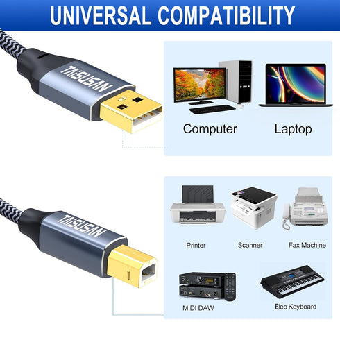 6ft USB A to B Printer Cable - High Speed Cord Compatible for Keyboard, MacBook, Scanners - Gray