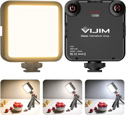 VIJIM LED Video Light, VL81 On Camera Light with 3 Cold Shoe, Rechargeable 3000mAh Battery, Dimmable 3200K-5600K