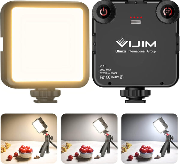 VIJIM LED Video Light, VL81 On Camera Light with 3 Cold Shoe, Rechargeable 3000mAh Battery, Dimmable 3200K-5600K