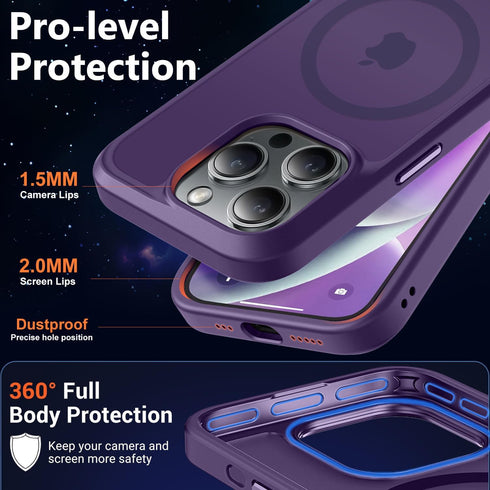 MOCCA iPhone 14 Pro Case - Slim Translucent Matte, 13FT Military Drop Protection, Strong Magnetic, Deep Purple, MagSafe