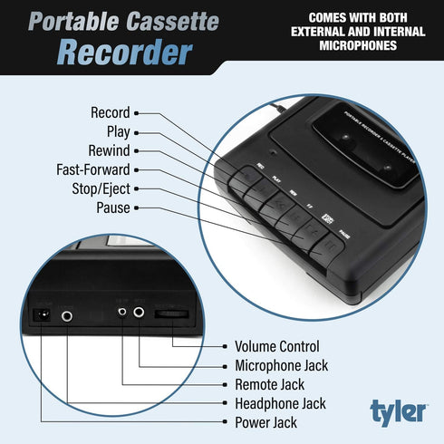 Tyler TCP-01 Cassette 120V Portable Player and Recorder - Retro Shoebox Style Music Device with Stand-Alone Microphone