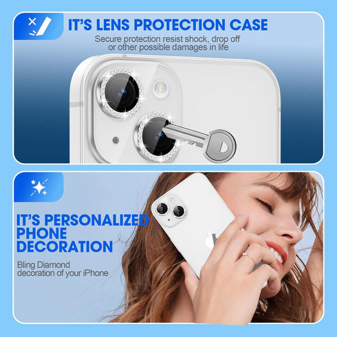 Xfilm 9H Hardness Camera Lens Protector for iPhone 15/15 Plus - Stylish Silver Diamond, Scratchproof & Case Friendly.