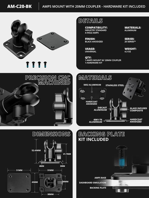 Tackform AMPS Short Reach Adapter - 20mm Aluminum Ball Socket | 4-Hole Drill Base | Mount to Dash, AMPS, Grid Brackets | with Hardware | Compatible with Bulletpoint | NOT for 1" B Size Systems