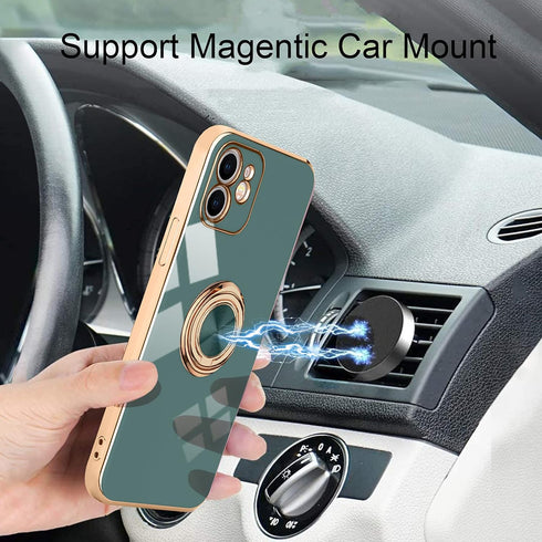 iPhone 11 Phone Case with 360° Rotatable Finger Ring Holder, Magnetic Shiny Gold Plated Edge, Shockproof Soft TPU