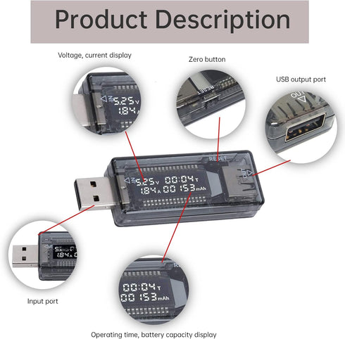 USB Power Tester KWS-V21, USB Tester Voltmeter Ammeter Power/Capacity/Mobile Power Testing Tool for Wall Chargers