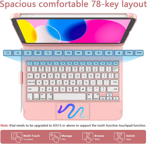 TaIYanG iPad 10th Generation Case with Keyboard, 10.9" 2022, 360° Rotatable Touch Keyboard, Pencil Holder, Touch