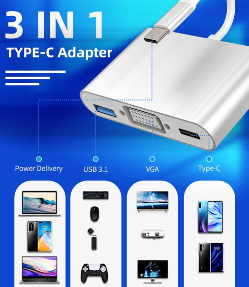 HOYULLI 3.0 IPhone15 USB C to VGA+USB-A+Type-C Adapter Thunderbolt OTG Cable Accessories for TV Splitter Digital AV
