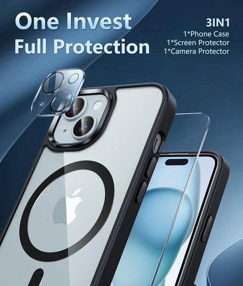 FNTCASE iPhone 15 Plus Case: Slim Magnetic Clear, Military Grade, Shockproof, Anti-Yellowing, with Lens & Screen