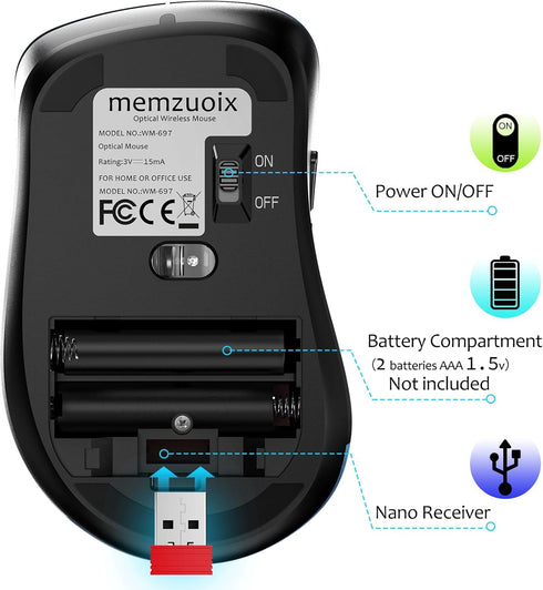 memzuoix 2.4G Wireless Mouse, 1200 DPI Portable USB Mouse with Receiver, Battery Powered Cordless Mouse (Matte Black)