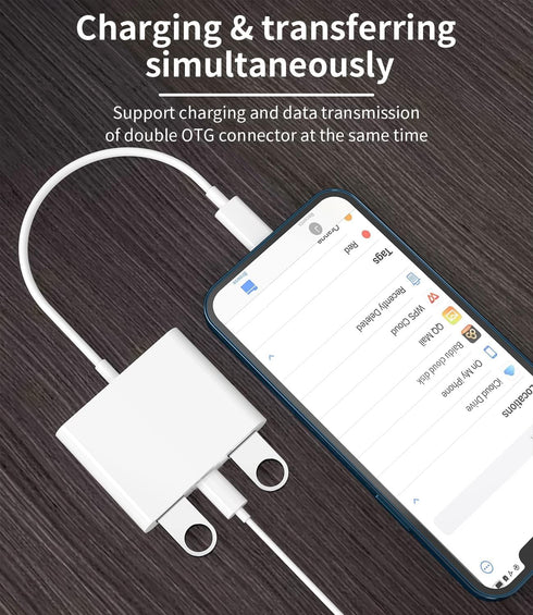 iPhone OTG Adapter Lightning Male to Dual USB Female Charger Cable Dongle for Apple 14 13 12 11 Pro Max 8 7