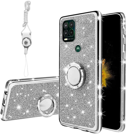 for Moto G Stylus 5G Case (2021), Cute Luxury Glitter Silicone TPU Phone Case with Kickstand, Silver