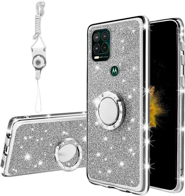 for Moto G Stylus 5G Case (2021), Cute Luxury Glitter Silicone TPU Phone Case with Kickstand, Silver