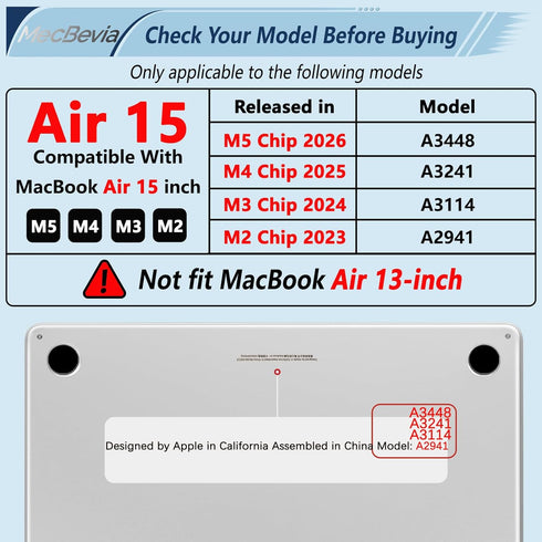 MecBevia 2026 M5 15 inch 2026 2025-2023 M5 A3448 M4 A3241 M3 A3114 M2 A2941, Compatible with MacBook Air Case, Keyboard