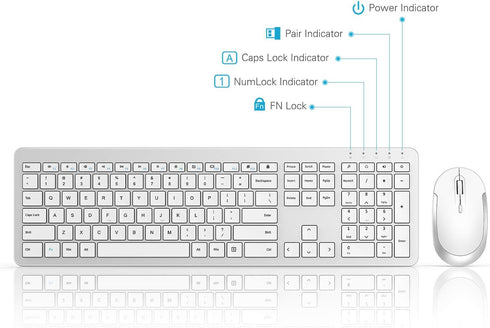 Wireless Keyboard and Mouse Combo, Full Size Slim Thin Wireless Keyboard with Numeric Keypad (White & Silver)