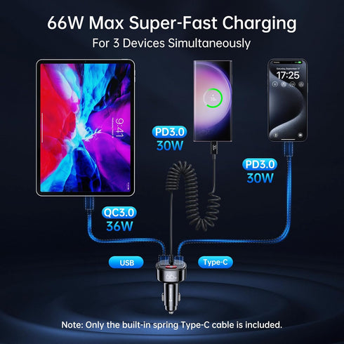 Syncwire USB C Car Charger, 66W Super Fast Adapter with PD & QC 3.0, Built-in 6FT Type C Coiled Cable