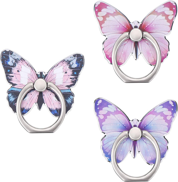 Cobee 3 Pcs Butterfly Cell Phone Ring Stand Holder, Cute Pattern Painted Metal Kickstand, 360°Rotation, Blue, Purple,