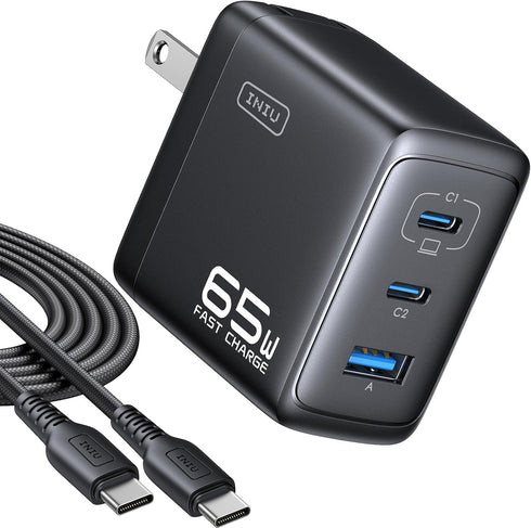 INIU 65W USB C Charger Block, 3-Port GaN Fast Charging Adapter with 100W