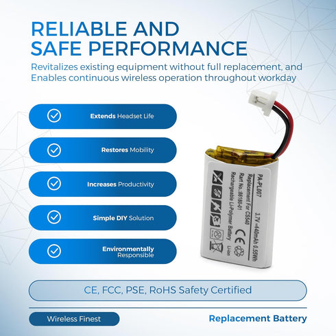 Replacement Battery for Plantronics CS540 C054 Wireless Headset, Rechargeable Li-Polymer Battery 140mA