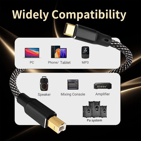 6N (1.64ft/0.5m) USB B to USB C Audio Cable, OFC Gold-Plated Braided Printer Cable, for Hi-Fi DAC, Amplifier, DJ
