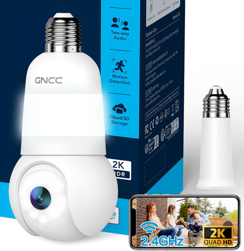 GNCC 2K Light Bulb Security Camera, 2.4GHz Only, 355 Wireless Outdoor Camera, Full-Color