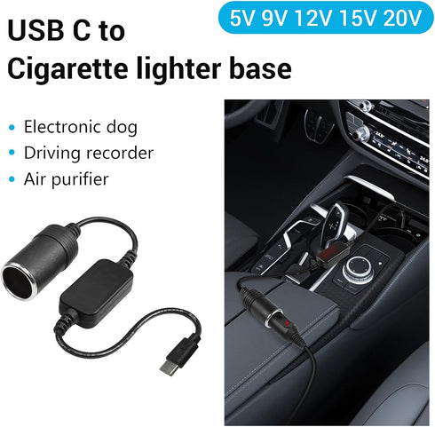 USB C Male to 12V Adapter, USB to Car Cigarette Lighter Socket Converter Cable for Car Driving Recorder, GPS, E-Dog and