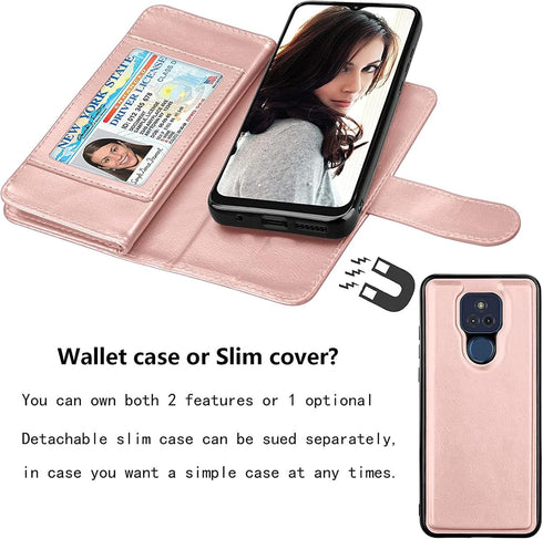 Njjex Wallet Case for Moto G Play 2021, PU Leather Folio Flip with 9 Card Slots, Detachable Kickstand & Lanyard (Rose