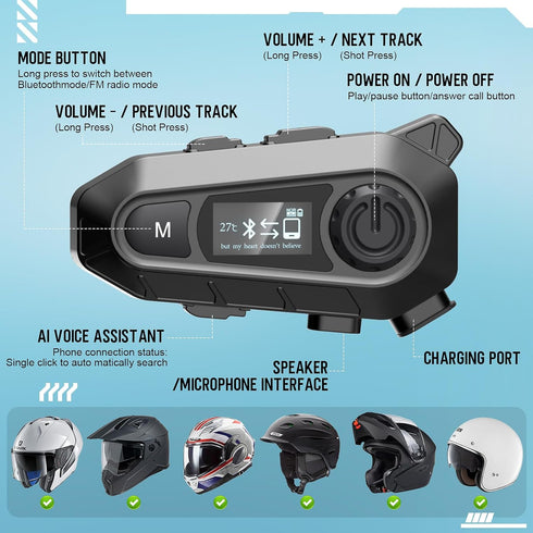Motorcycle Bluetooth 5.4 Headset with LCD Screen, 2 Mic Helmet Speakers, 48h Music & FM, Waterproof Noise Reduction