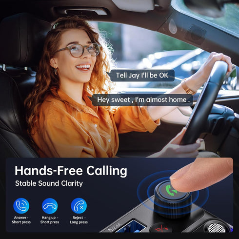 Syncwire Bluetooth 5.4 FM Transmitter Car Adapter 42W, Light Switch, Stronger Dual-mic, HiFi Bass Sound, Fast Charging,