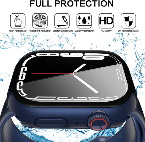 YMHML Waterproof Blue Case for Apple Watch Series 8/7 45mm, Tempered Glass Screen Protector, Slim Bumper