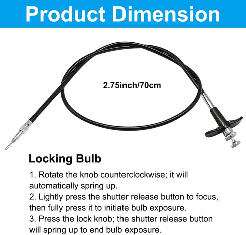 BokWin 27.5 Inch(70cm) Bulb-Lock Threaded Release Cable Mechanical Shutter Line Vibration-Free Black Camera Remote