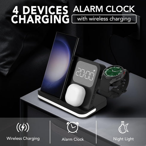 4 in 1 Wireless Charger with Alarm Clock, Compatible for Galaxy S24/Ultra/S24+/S23/Note 20/Z Flip 6/5, Galaxy Watch