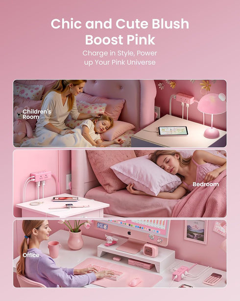 HONIZER 10ft 6 3 (1 Pink Extension Cord, Power Strip Flat Cord, Outlets & USB Ports USB-C), Cute,Wall Mount for Home