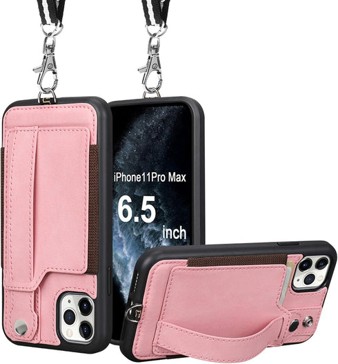 TOOVREN Phone Cover for iPhone 11 Pro Max, Wallet Case with Card Holder, PU Leather Kickstand, Pink