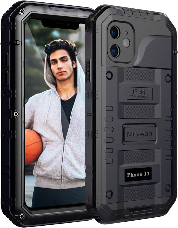 Mitywah Waterproof Case for iPhone 11, Heavy Duty Metal Full Body Protective Case, Shockproof Rugged Defender, Black