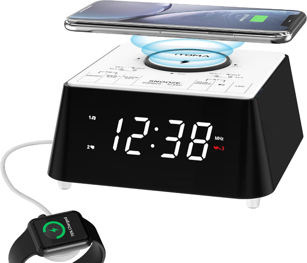 iTOMA Wireless Charging Alarm Clock Radio, Bluetooth Speaker, FM Radio, Dual Alarm, USB Charging, Night Light