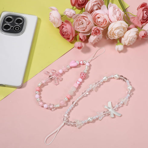 Hpmjz 2 pcs Beaded Camera Wrist Strap Phone Charms Straps Cute Pearl Digital Camera Charm Lanyard Beaded Phone Bracelet