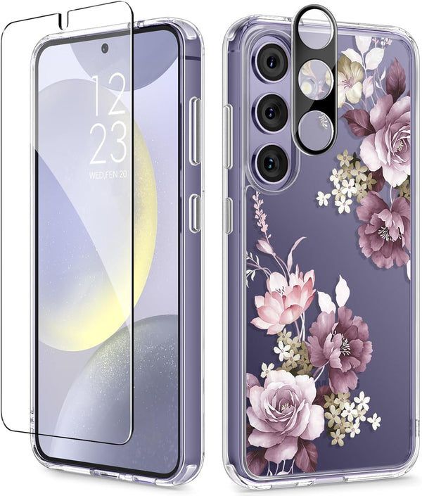 GVIEWIN Clear Floral Case for Samsung Galaxy S24 Plus 6.7" with Screen & Camera Lens Protectors (Cherry Blossoms/Purple)