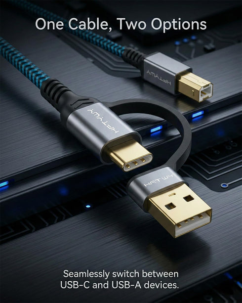 Hftywy 6.6 2-in-1 Printer Cable FT, Type C and USB A to B Printer Cable Compatible with MacBook Pro, HP, Canon, Epson
