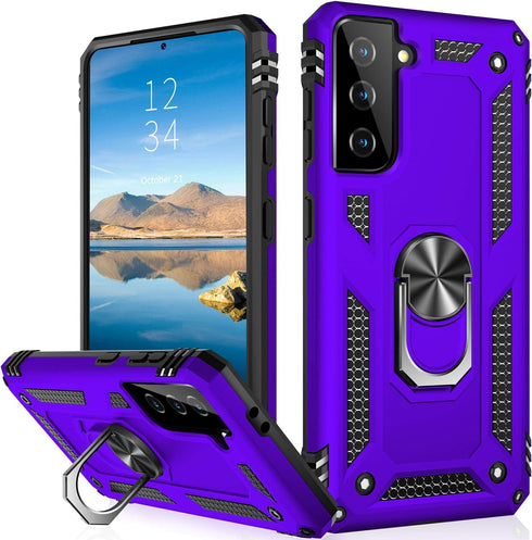 IKAZZ Military Grade Shockproof Case for Galaxy S21, Heavy Duty with Magnetic Kickstand, Purple