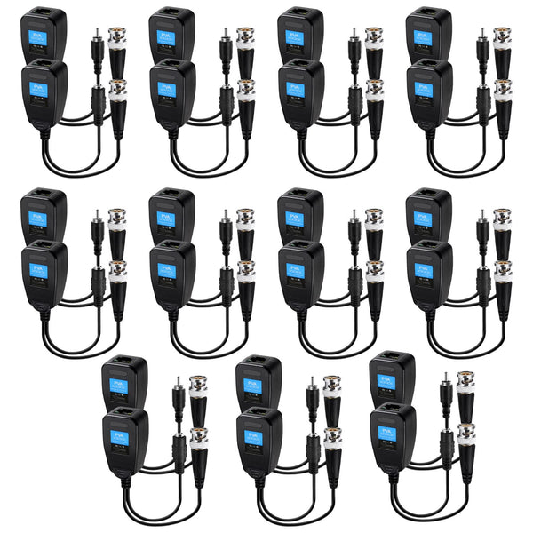 Passive Video Balun Connectors, 11 Pairs with Power Connector for CCTV Security Camera System