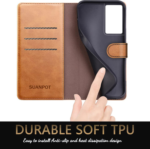 SUANPOT Leather Wallet Case for Samsung Galaxy S21 Ultra 6.8" with RFID Blocking, Flip Folio Book Phone Case, Light